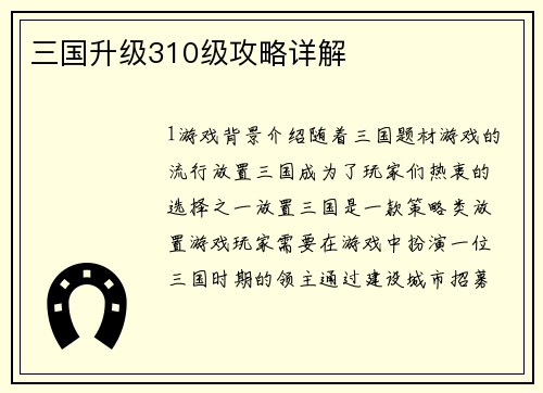 三国升级310级攻略详解
